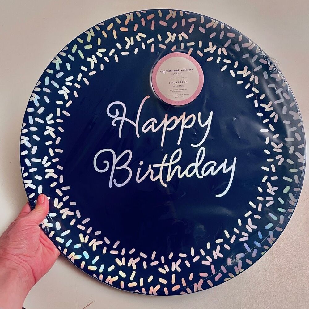 NWT 2 Happy Birthday Cupcakes & Cashmere 16” Navy Blue Silver Serving Platters